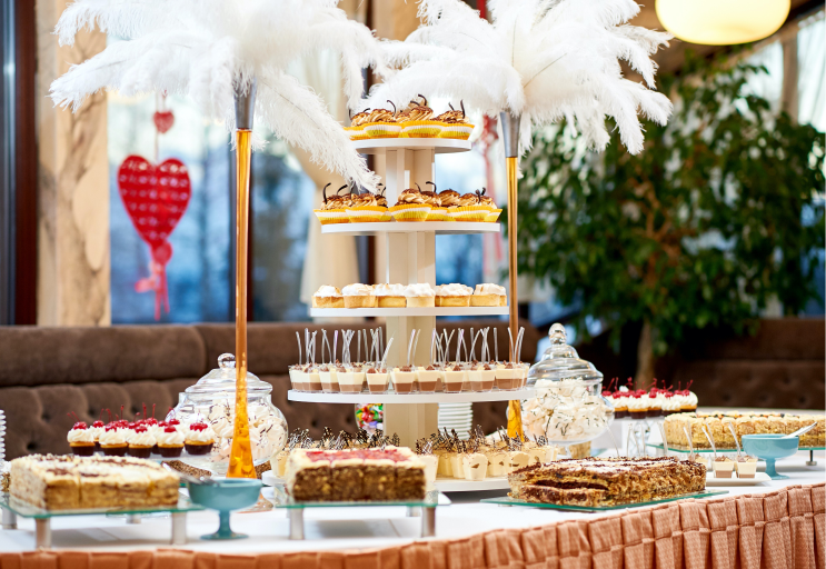 shot restaurant table with plenty different tasty desserts cupcakes creamy cakes sweet sugar eating cafe celebration concept 1
